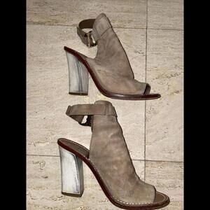 Tory Burch Beige Brown Gemini Link Peep Open Toe Slingback Suede Bootie Size‎ 7